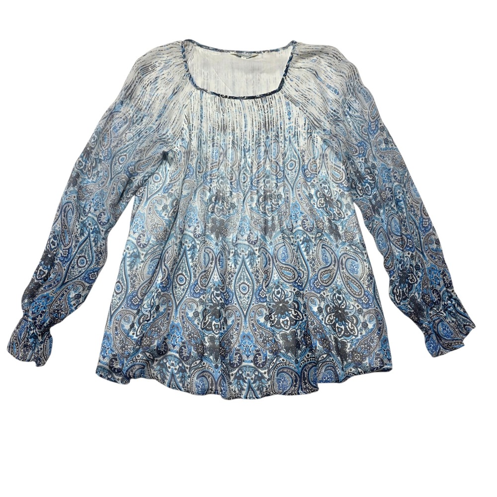 Sundance Silk Rayon Paisley Print Boho Blouse Top Size S Blue White